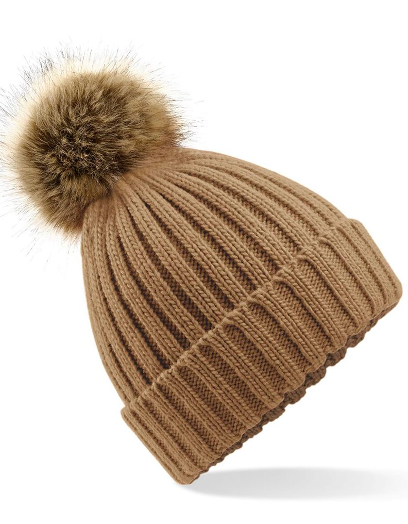 Beechfield Faux Fur Pop Pom Chunky Beanie