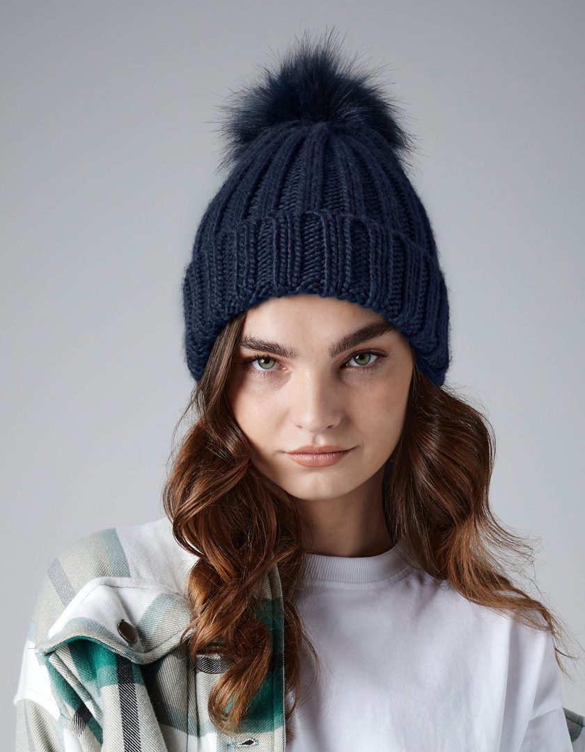 Beechfield Verbier Faux Fur Pop Pom Chunky Beanie