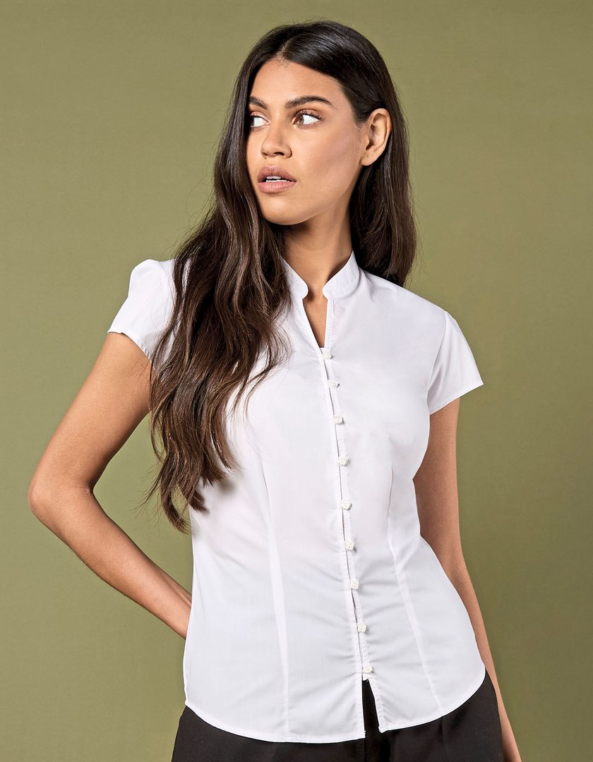 Kustom Kit Tailored Fit Mandarin Collar Poplin Blouse Cap Sleeve