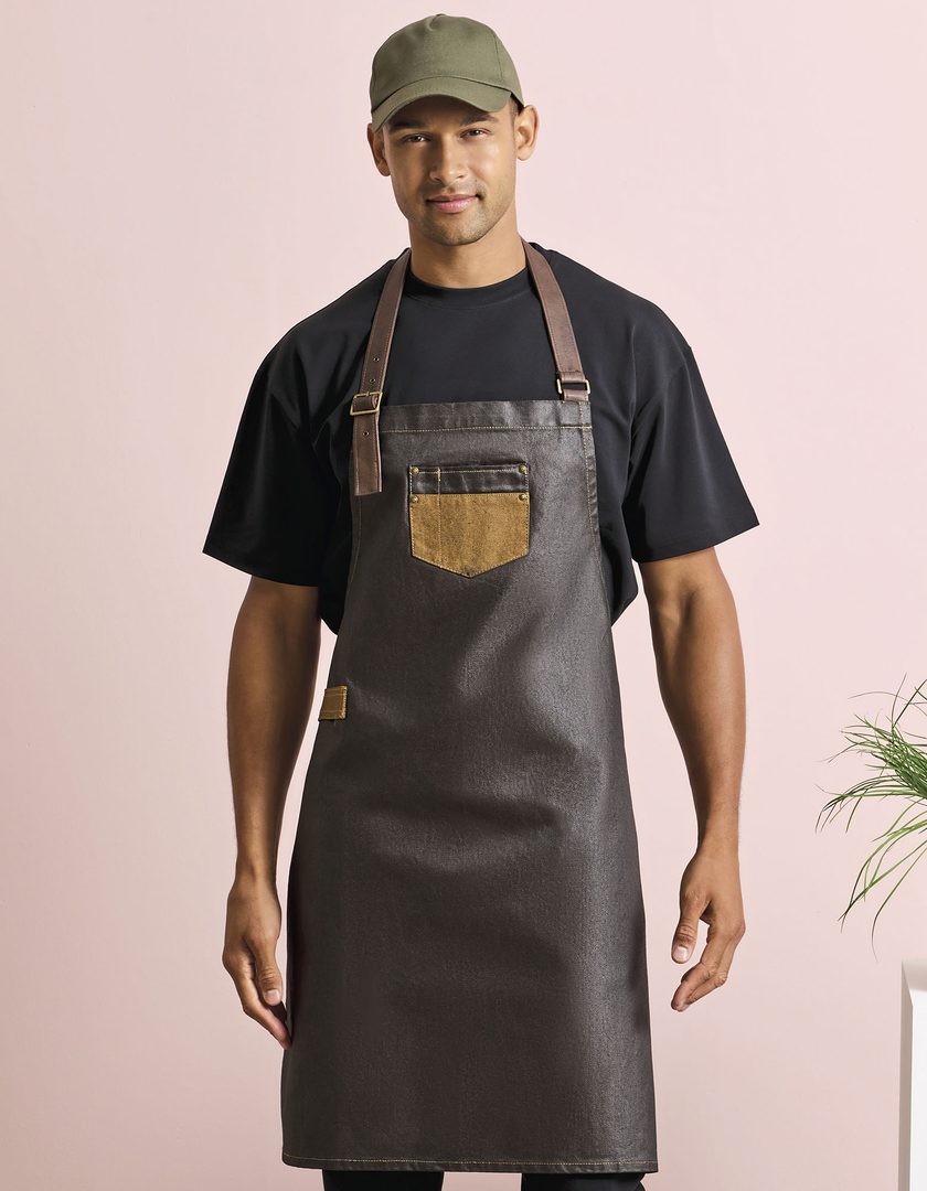 Premier Workwear Division Waxed Look Denim Bib Apron With Faux Leather