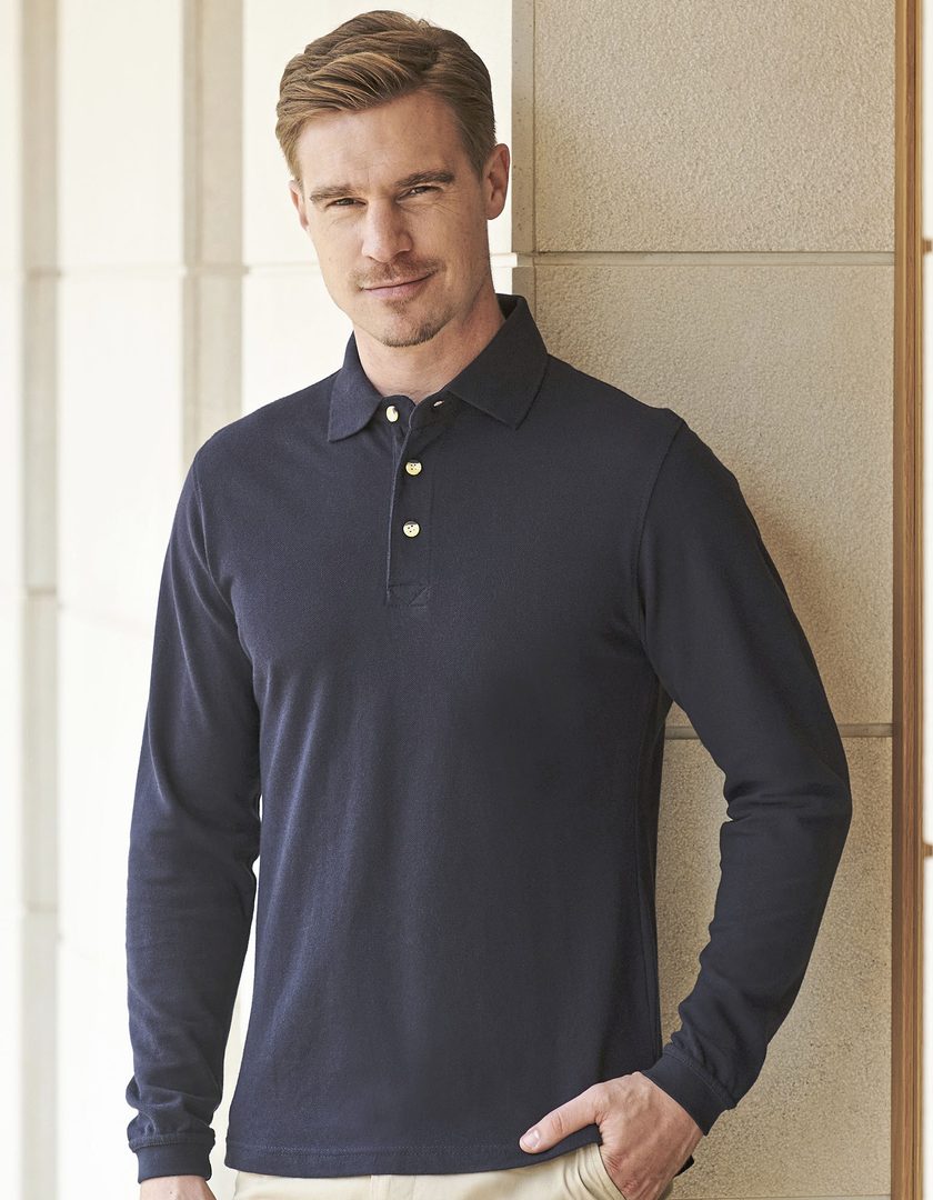Henbury Long Sleeved Cotton Piqué Polo Shirt