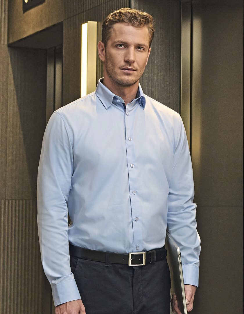 Russell Athletic Collection Men's Long Sleeve Tailored Contrast Herringbone Shirt
